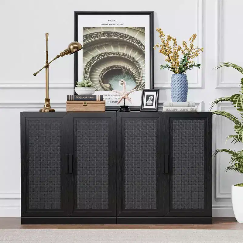 PexFix 62 W x 31 H Modern Sideboard Cabinet with 4-Doors Rattan Panels Buffet Console Accent Storage Cabinet for Hallway Entryway Dining Room Black