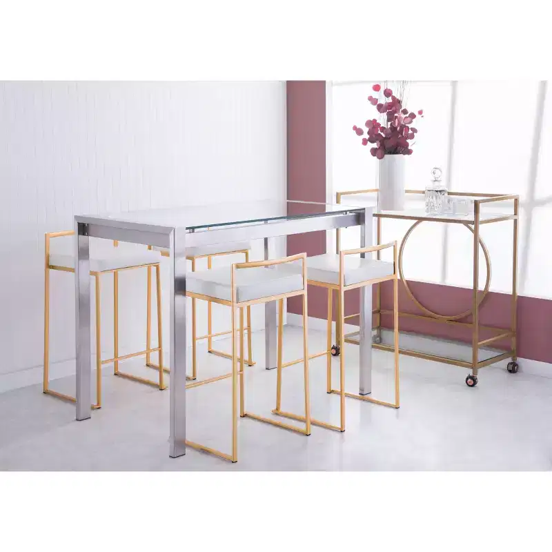 LumiSource Set of 3 Fuji Stacker Counter Height Barstools Gold/White PU