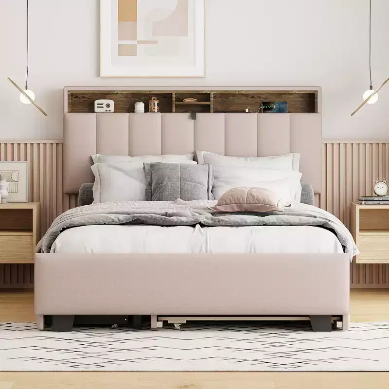 Full/Queen Upholstered Platform Bed with Storage Headboard, Twin Trundle & 2 Drawers