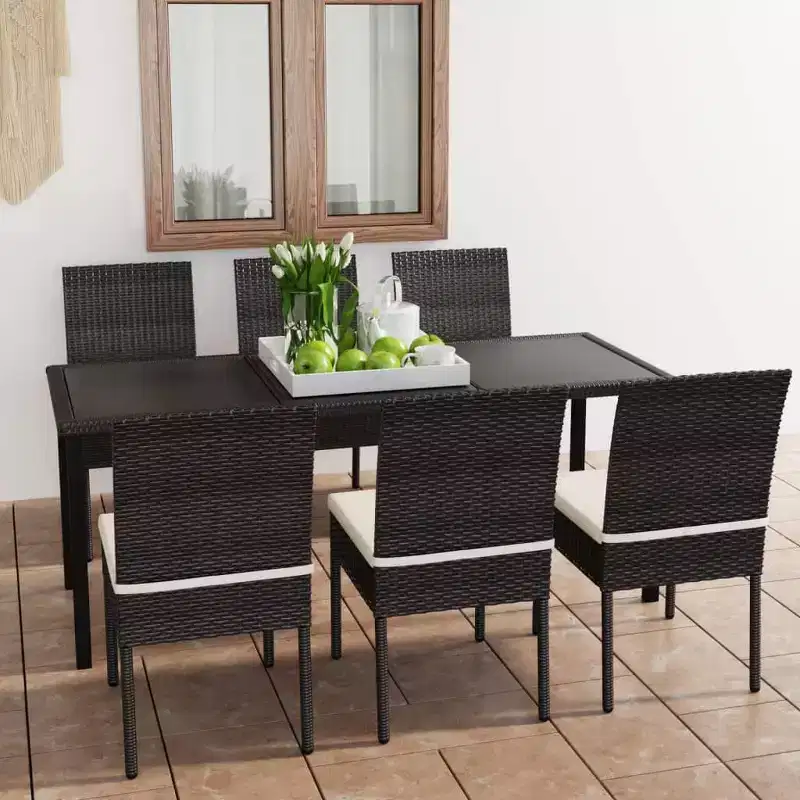 vidaXL Dining Set Poly rattan, powder-coated steel, glass Medium