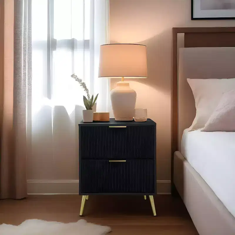 Everett Nightstand in Black, Modern Bedside Table with Storage