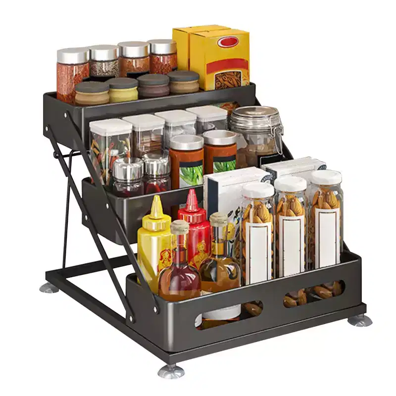 GustoWave 3 Floors Spice Rack Standing - Spice Rack Without Drills - Adjustable Black Spice Rack , Width 30x34.5x27.5cm
