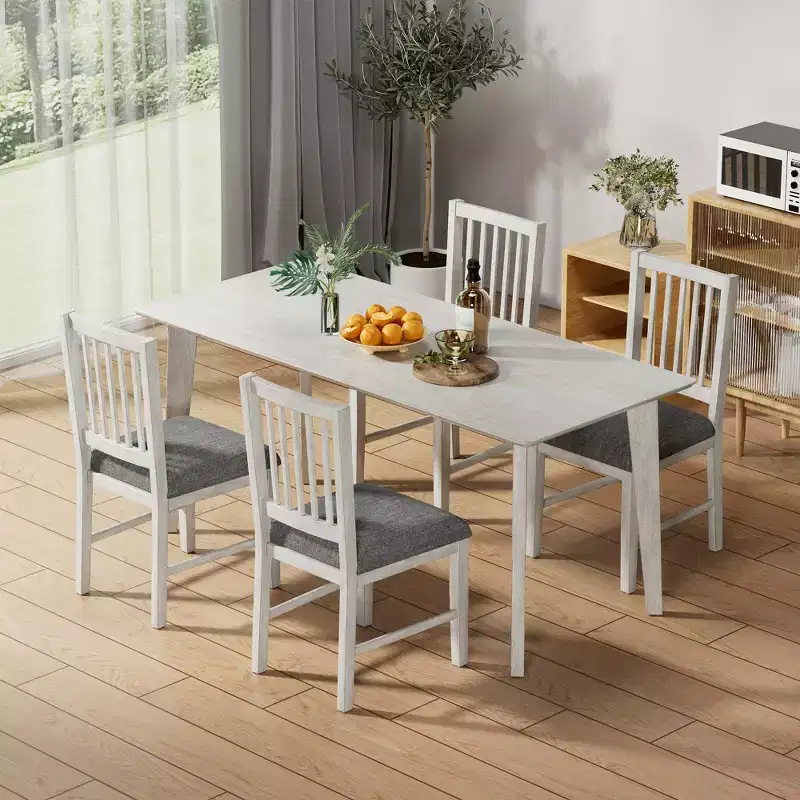 VECELO Farmhouse Style Dining Table Set, Rubber Wood Table and Upholstered Dining Chairs, Gray
