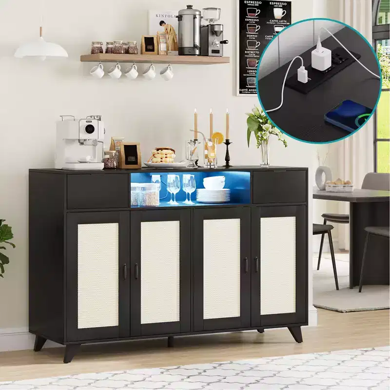 4 Doors and 2 Drawers, Rattan Sideboard Buffet Cabinet Power Outlet,for Kitchen, Dining Room,Wood color