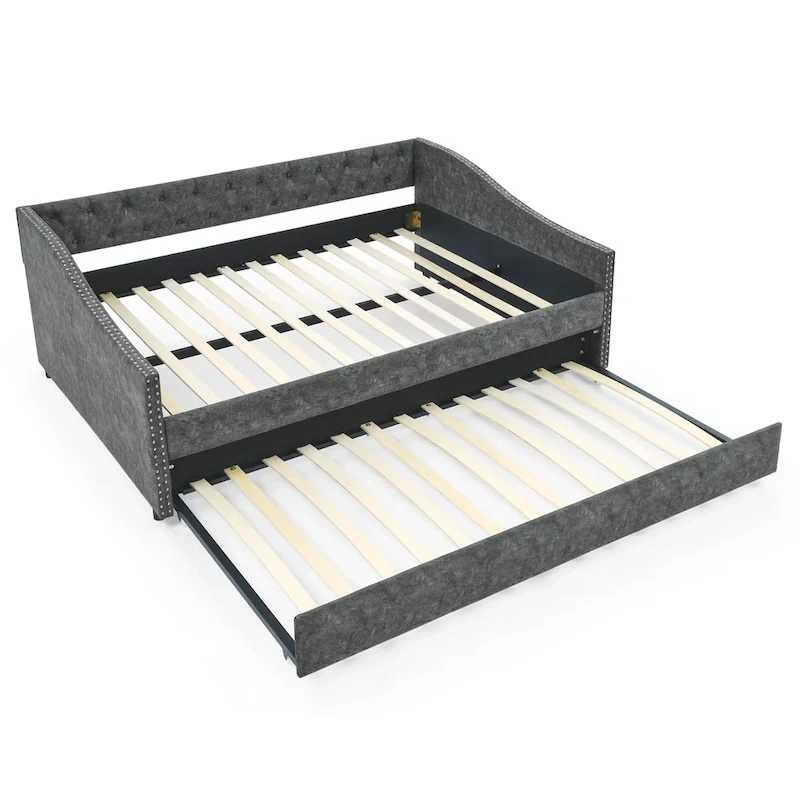 Upholstered Daybed Frame with Trundle & Tufted Backrest