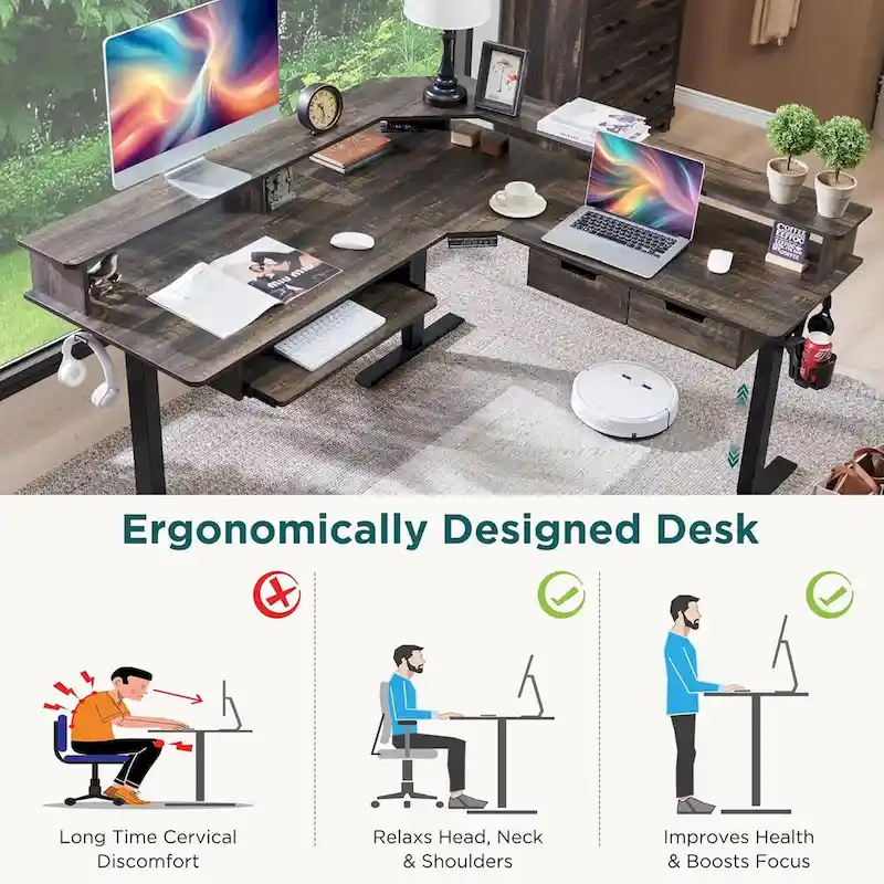 L-Shaped Electric Standing Desk, Height Adjustable, RGB LED, Carbon Fiber Black / Dark Rustic Oak / Antique White, 1-Person