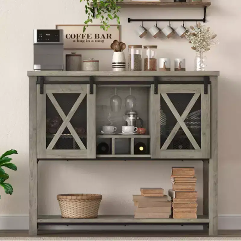 60 Farmhouse Coffee Bar & Wine Cabinet with Sliding Barn Doors - Rustic Sideboard with Built-in Wine Racks, Open Shelves