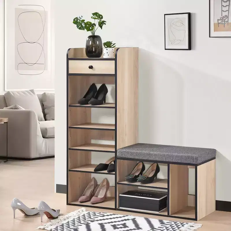 Kings Brand Furniture Julian Shoe Bench  Entryway Storage Bench, Padded Cushion Seat, Drawer Organizer, 7-Shelf Shoe Rack