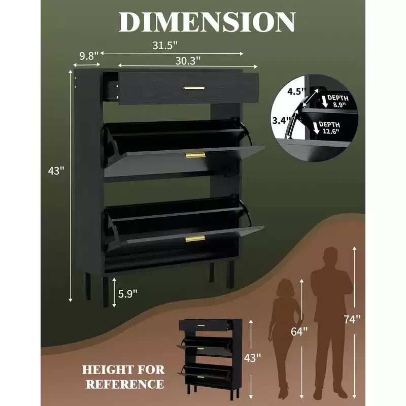 Slim 3-Drawer Shoe Storage Cabinet with Adjustable Shelves, Freestanding Wooden Storage Organizer for Entryway, Hallway, and Porch