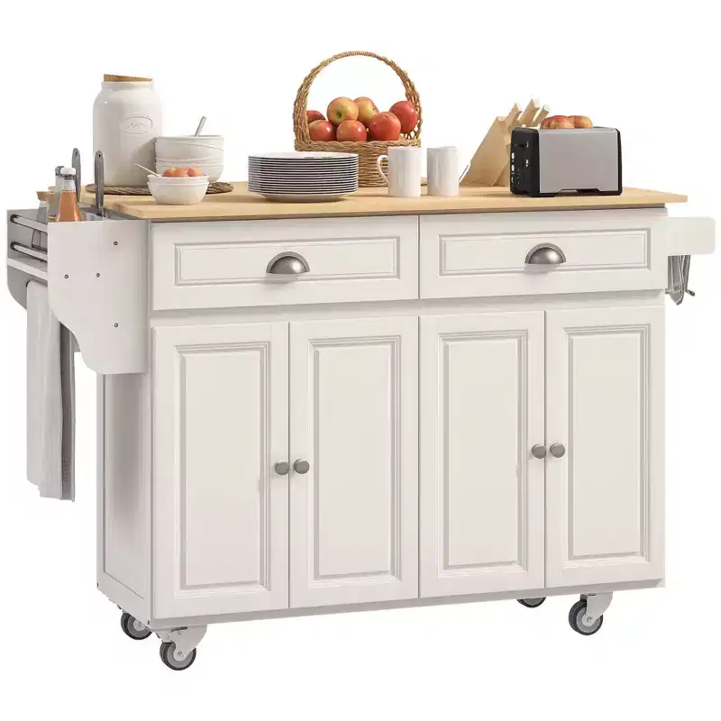 Rolling Kitchen Island Drop Leaf, Kitchen Cart on Wheels, Solid Wood Top Breakfast with Storage Drawers, Cabinets and Spice Rack