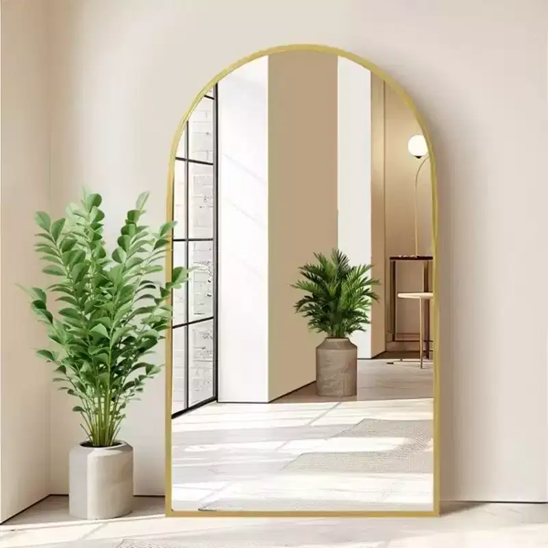 67 inch Full Length Mirror Arched Aluminum Alloy Frame Floor Mirror with Bracket Gold