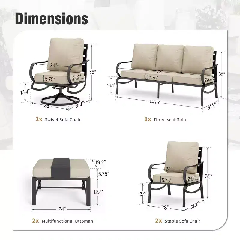 Captiva Designs 7pc Metal Patio Furniture Conversation Set with Swivel Chairs for Garden Porch Backyard