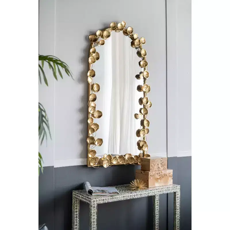 51.5 x 29 Inch Full Length Arched Wall Mirror with Golden Leaf Accents