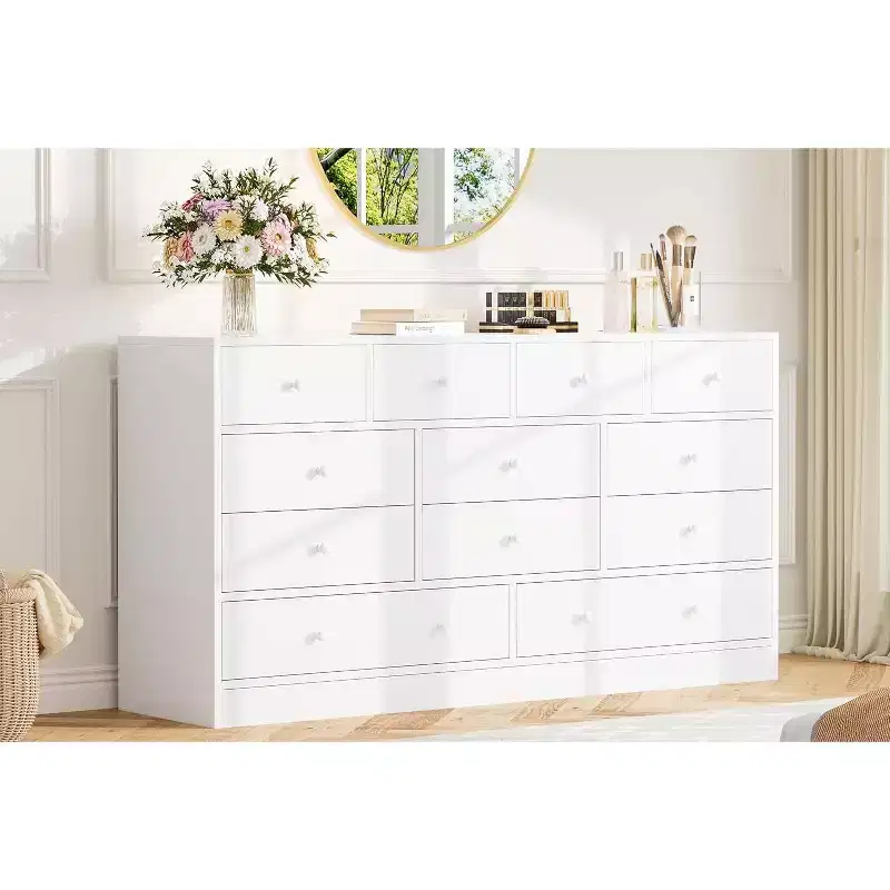 12-Drawer Dresser for Bedroom, 61 Wooden Chest with Built-In Power Outlet, Large Storage Organizer for Clothes, Living Room, Hallway, or Office
