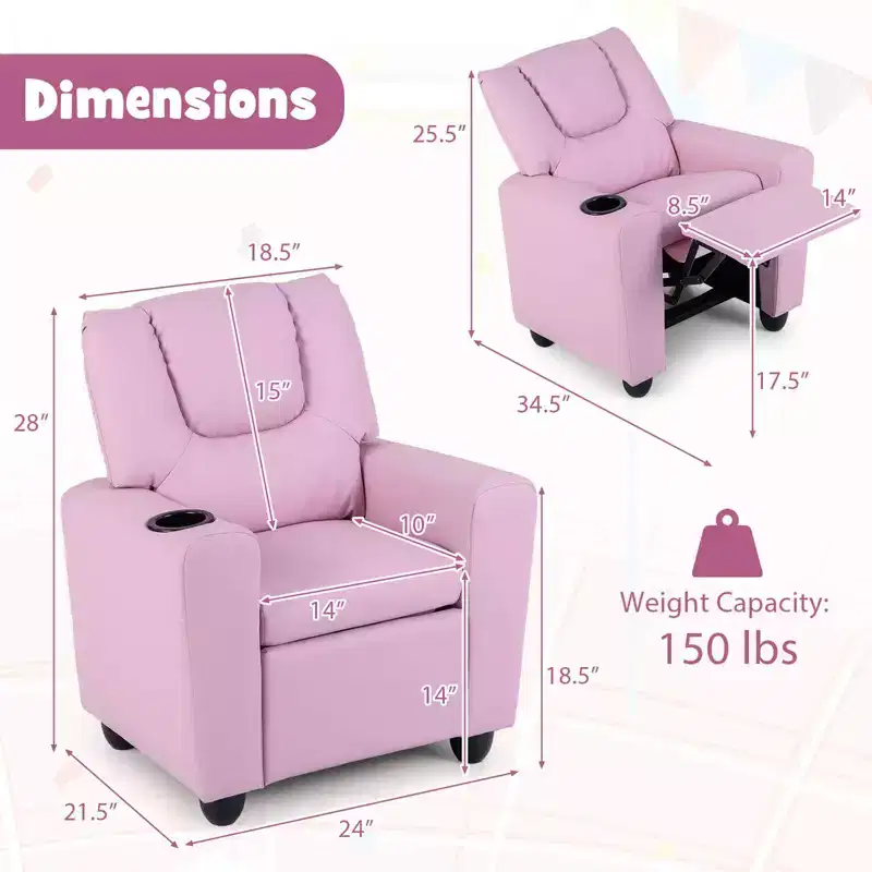 Costway Kids Recliner Armchair Children's Furniture Sofa Seat Couch Chair w/Cup Holder Pink