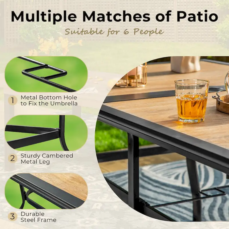 MAISON ARTS 7 Pieces Patio Dining Set with 2 Swivel Garden Chairs with Cushion, 4 Steel Chairs, 1 Rectangle Table