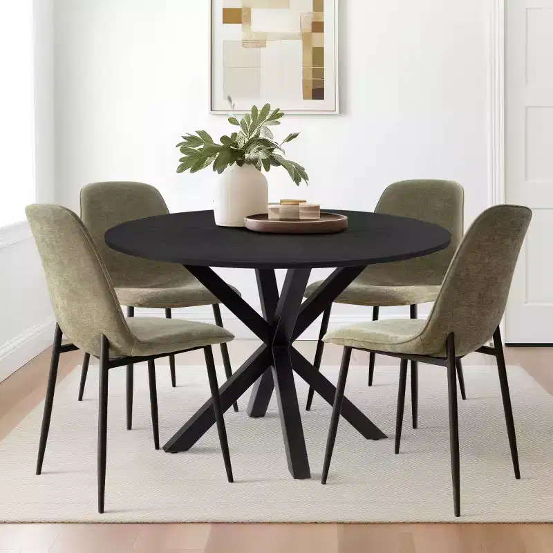 5-Piece Round Dining Table Set with 4 Upholstered Chairs, Black Pedestal Kitchen Table for Small Spaces-Panipeachy