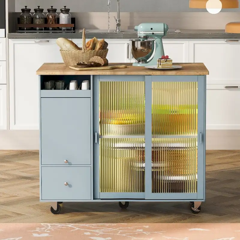 LED Light Kitchen Cart with Drop Leaf and Adjustable Shelf