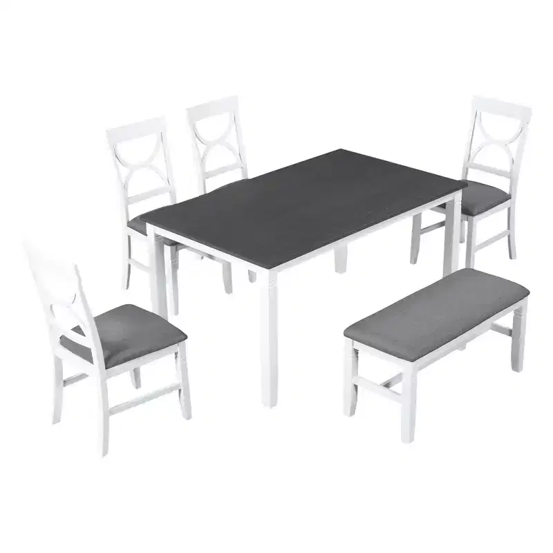Whisen Farmhouse 6-Piece Wood Dining Table Set with Upholstered Bench and 4 Dining Chairs - Gray+White