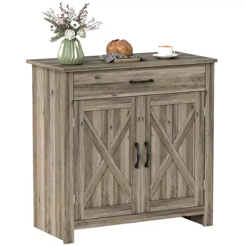 32 Farmhouse Barn Door Style Sideboard, Buffet Storage Cabinet Coffee Bar for Living Room or Entryway