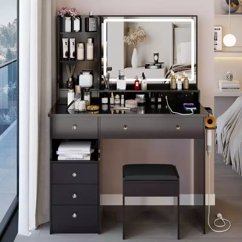 41 Makeup Desk with Cushioned Stool, Vanity Table with 2 AC+2 USB Power Station & Hair Dryer Stand, Vanity Desk with Mirror for Home