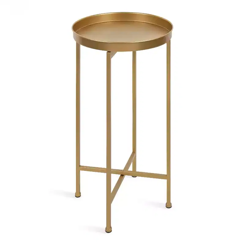 Round Metal Foldable Tray Accent Table – Black & Gold, 14