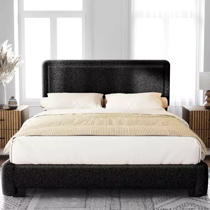 Dyonery Boucle Bed Frame,Black Upholstered Teddy Fabric Bed Frame with Headboard,No Box Spring Required, Adjustable Headboard, Easy Assembly