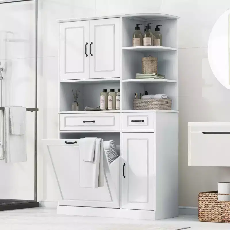 White Tall Freestanding Storage Cabinet with Drawers, Doors and Adjustable Shelves, MDF