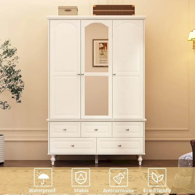 70.9H Family Wardrobe/Armoire/Closet with Mirror Doors White Lacquer