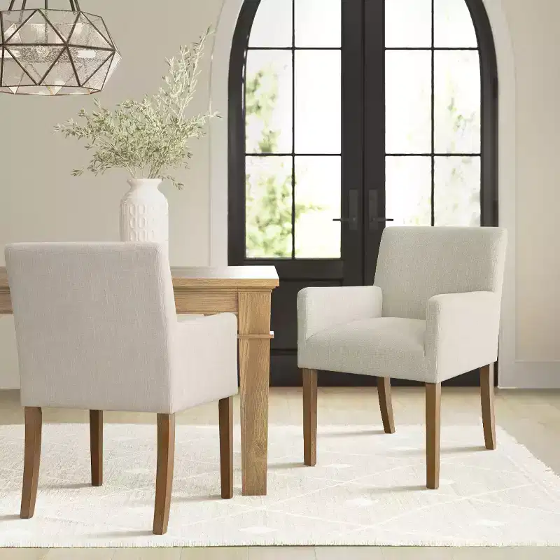 Set of 2 Linen Upholstered Dining Chairs with Arms, Modern Kitchen Chairs with Wooden Legs, Armchairs for Dining Room or Living Room - Panipeachy