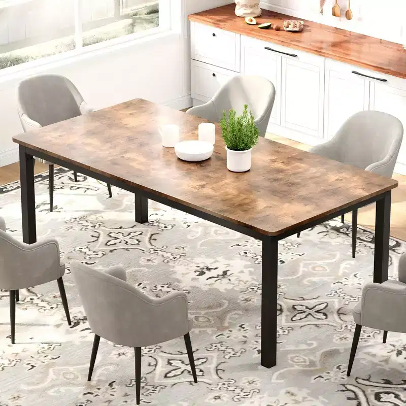 Rectangular Wood Dining Table for 6-8 People with Metal Frame, Industrial Large Dining Room Table