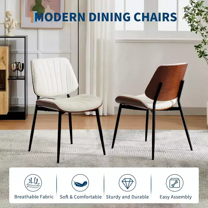 Four-person dining chair, with leather seat cushion, walnut backrest and metal legs. Suitable for kitchen and dining room. White stripes