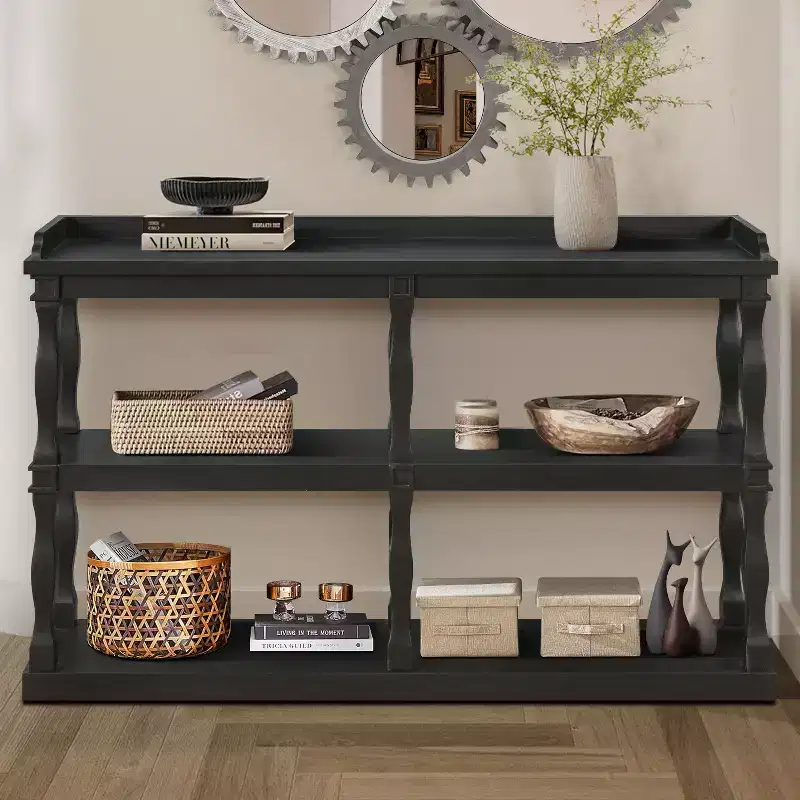 Okak Entryway Table with 3-Tier Open Storage Spaces, Console Table with Roman Column Effect Support Legs, Narrow Console Table for Hallway