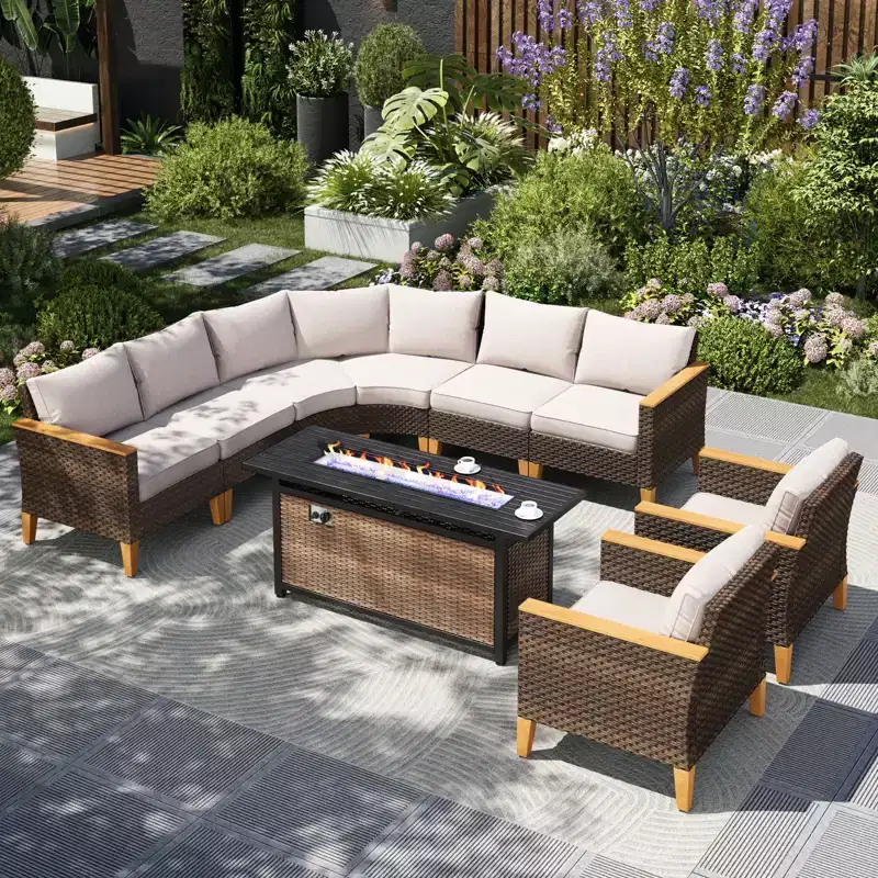 Captiva Designs 9pc Outdoor Wicker Rattan Patio Half-Moon Curved Sectional Sofa Conversation Set with Fire Pit Table
