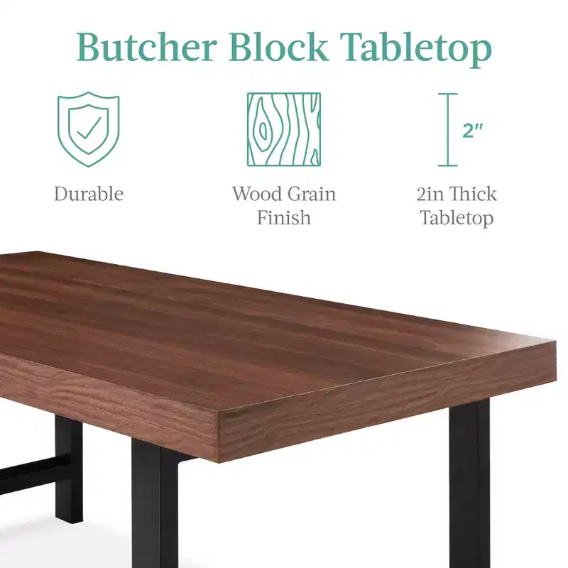 44in Modern Butcher Block Top Coffee Table, Rectangular Wood Accent Table w/ Metal Legs