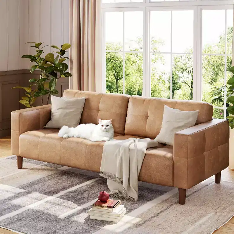 3-Seater Sofa Couch, 83 Wide Faux Leather Sofa Couch with Spring Cushion, Modern Sofa with Deep Seats Orange