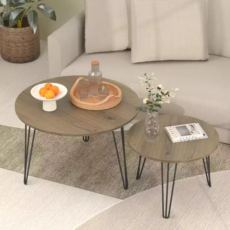 Black/Brown/White Round Nesting Coffee Table Set of 2, MDF Top, Metal Frame