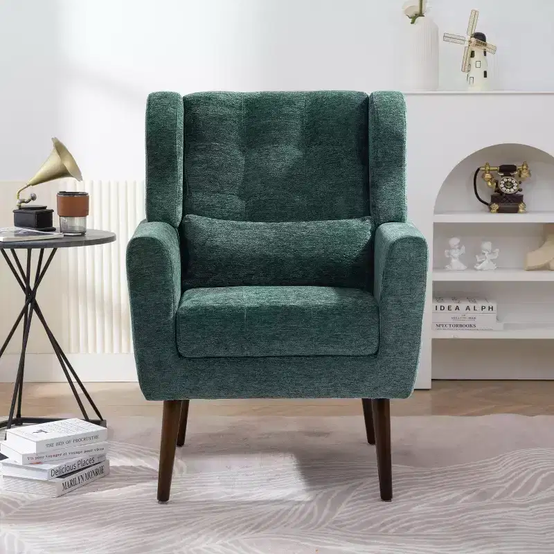 Chenille Accent Chair - Modern Lounge Armchair with Throw Pillow, Ergonomic Back, Tapered Wood Legs