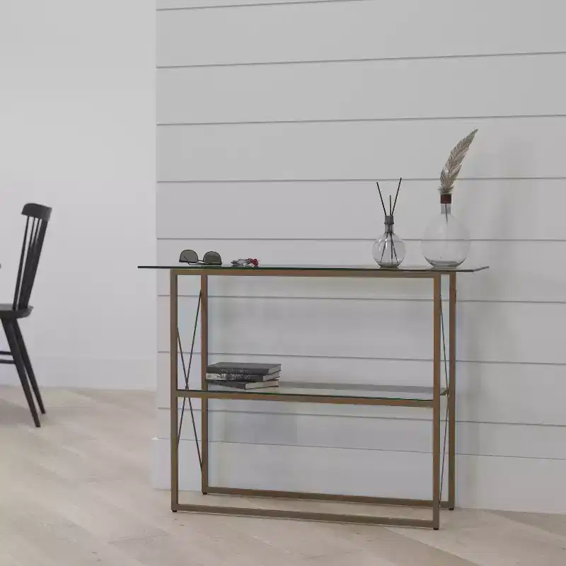 Merrick Lane Console Table Modern Clear Glass Sofa Table with Gold Crisscross Frame and 2 Tempered Glass Shelves