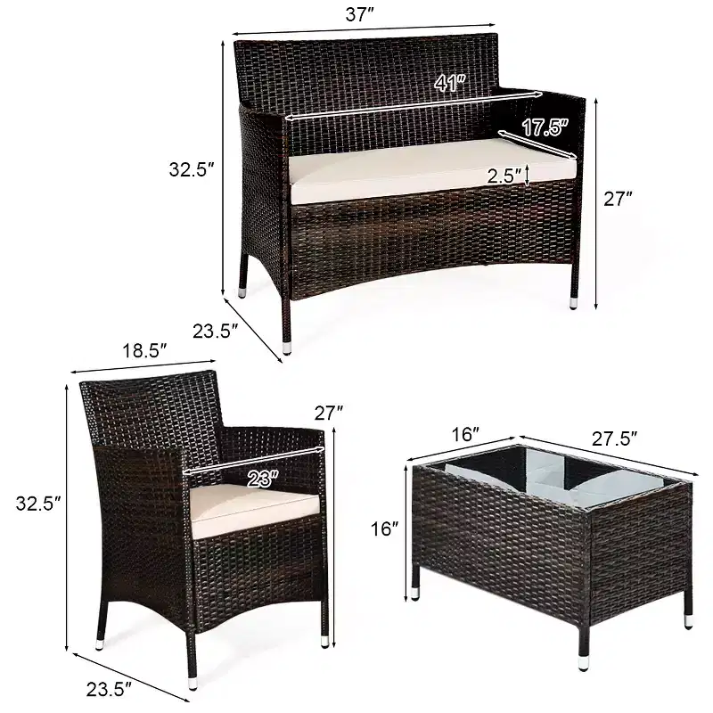 Costway 4PCS Rattan Patio Furniture Set Cushioned Sofa Chair Coffee Table Garden