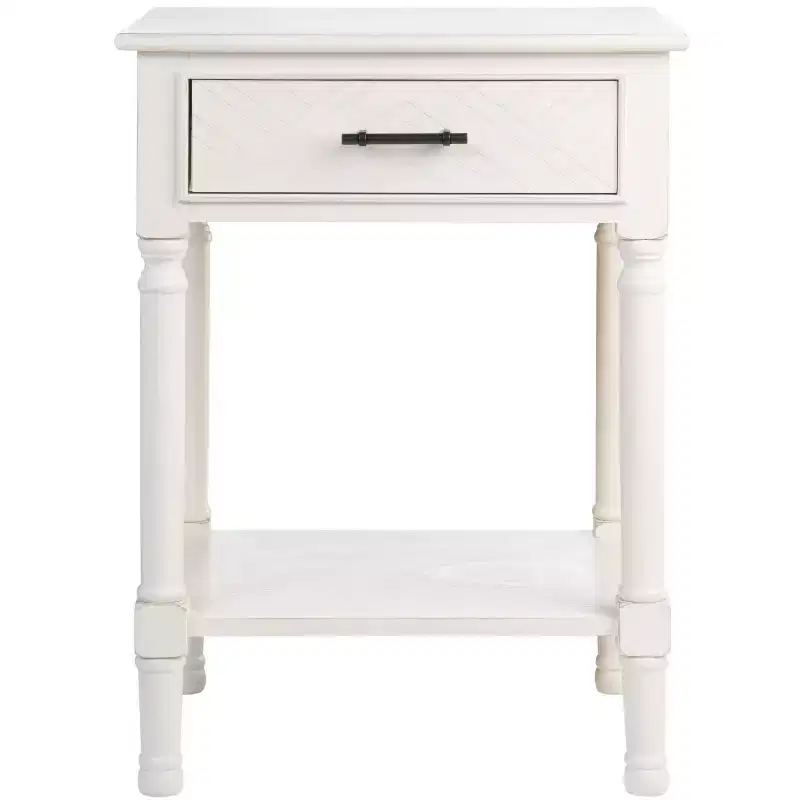 1-Drawer Accent Side Table with Herringbone Detail & Open Shelf, Distressed White