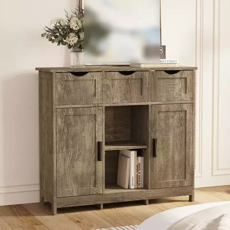 35 Sideboard Buffet Cabinet, Wooden Coffee Bar Cabinet with 3 Drawers, Accent Entryway Console Table