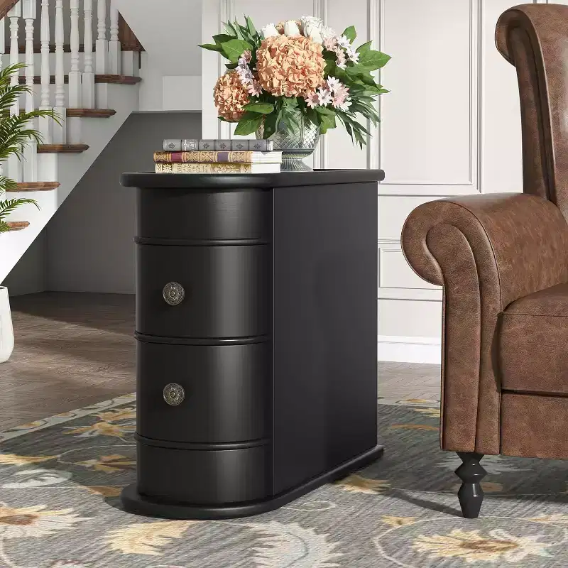 Slim 2-Drawer Wood End Table Narrow Nightstand Chairside Table No Assembly Required