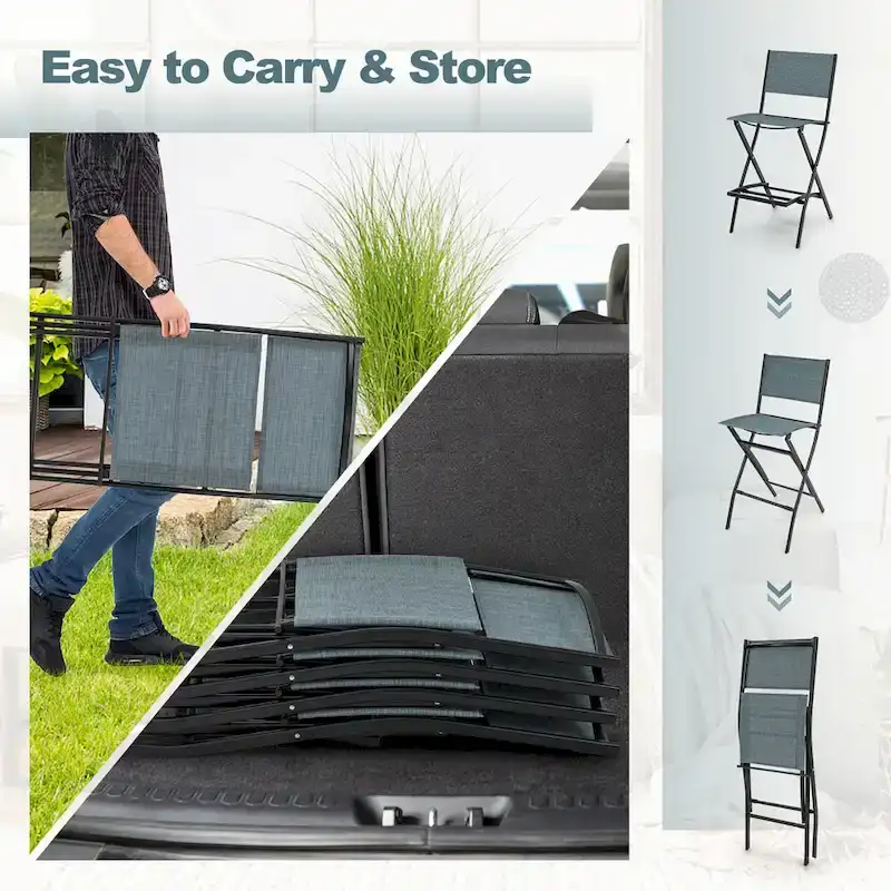 Gymax Folding Bar Stools Set of 2 Patio Sling Chairs w/ Backrest