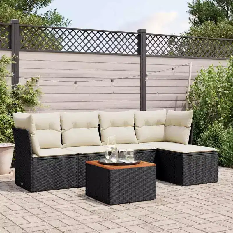 vidaXL 6 Piece Patio Sofa Set with Cushions Black Poly Rattan - Black and Cream
