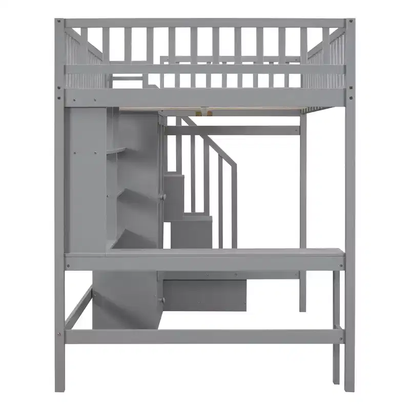 Wood Full Size Loft Bed with Bookshelf, Desk, Drawers & Wardrobe 94.4''L x 57''W