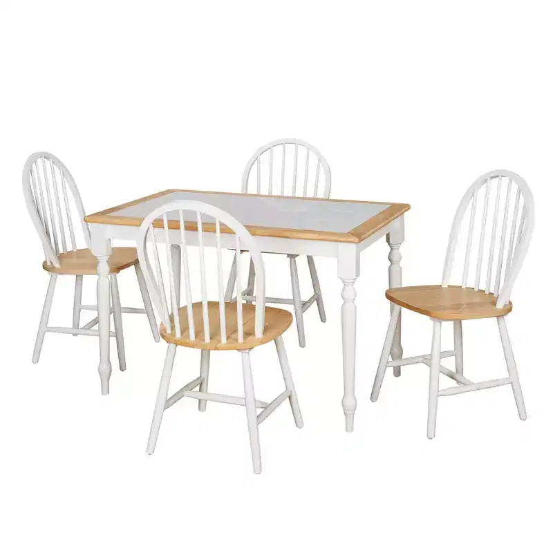 Buylateral 5pc Tara Farmhouse Tile Top Rectangular Dining Set with Spindle Chairs White/Natural