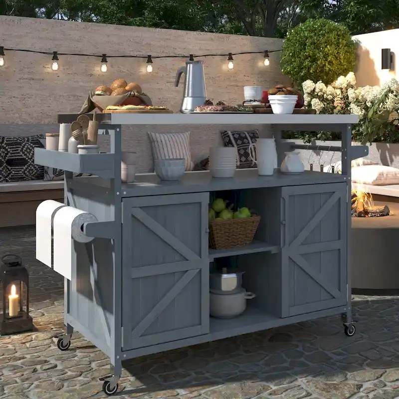 Outdoor Kitchen Island,Rolling Bar Cart & Storage Cabinet,Farmhouse Solid Wood Outdoor Grill Table with Stainless Steel Top