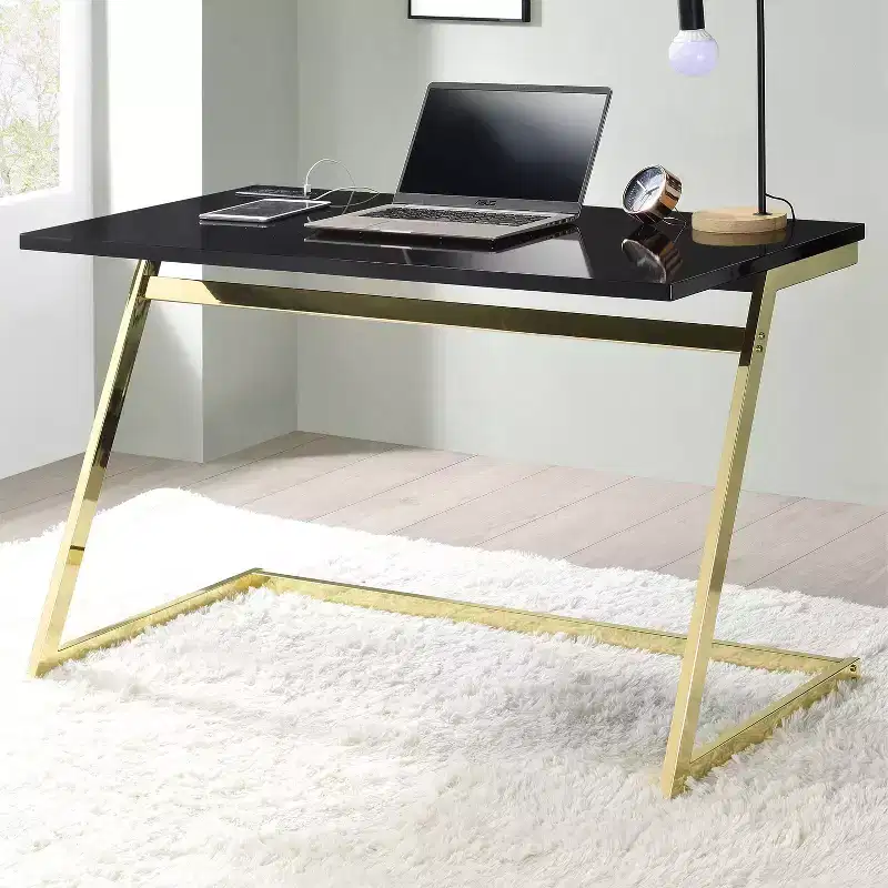 Writing Desk with USB Charging Port Brass Plated High-Gloss Steel Frame