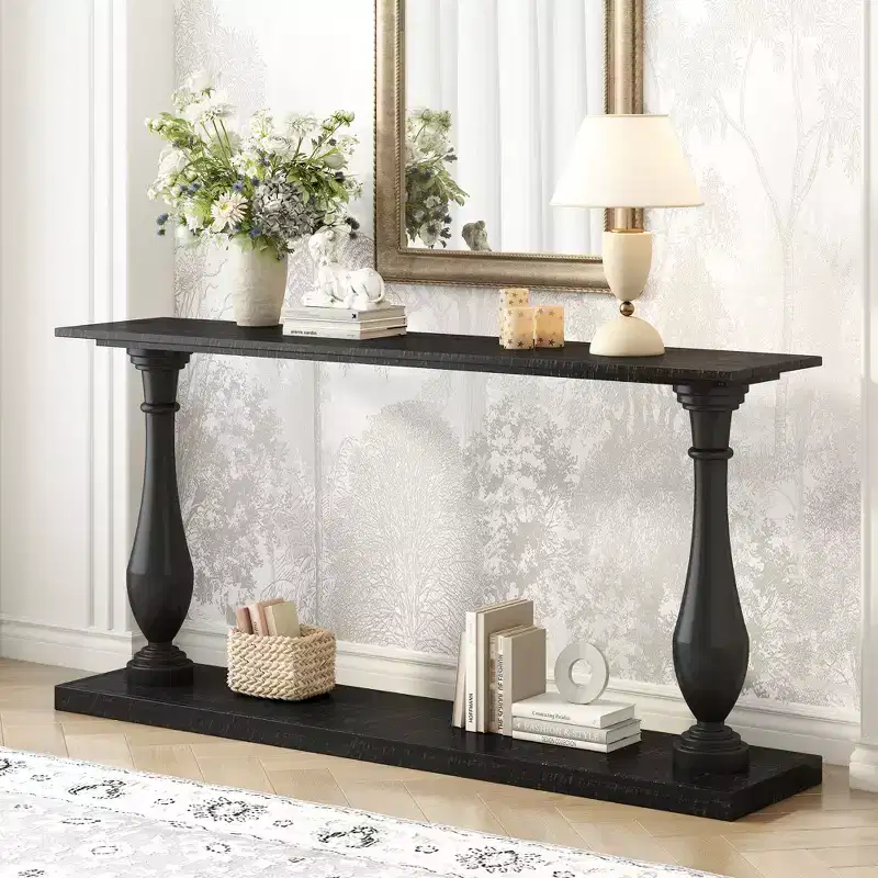 Vintage Console Table, Pine Veneer Entryway Sofa Table with Elegant Vase-Leg Design - ModernLuxe